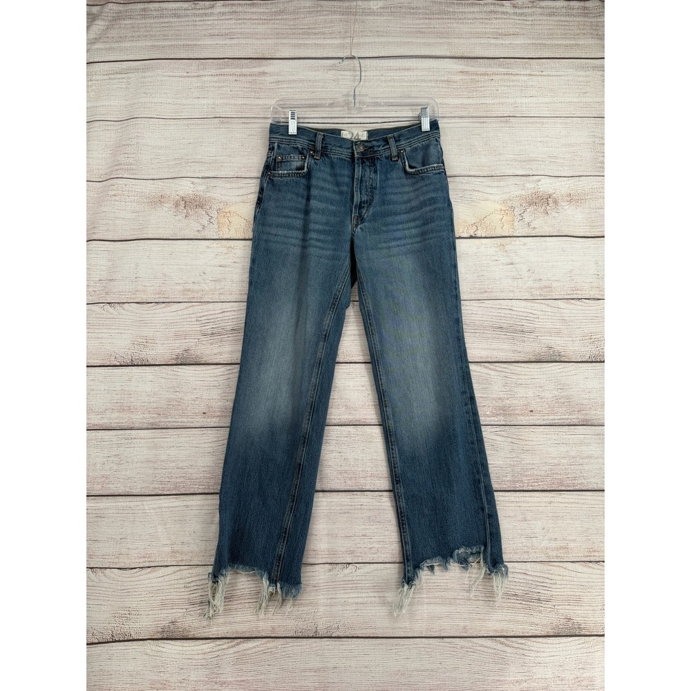 Free People We The Free Jeans Womens 24 Blue Straight Leg Raw Stepped Hem Denim